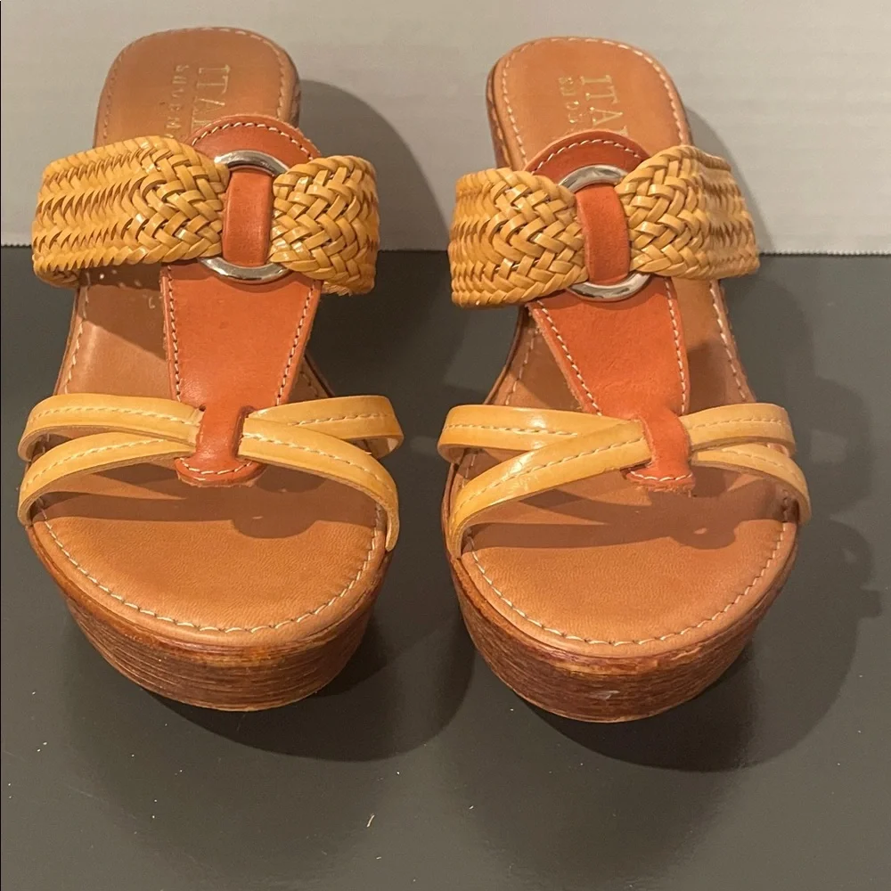 Italian Shoemakers Natural and Tan Wedge Sandals. Size 6 1/2 - Picture 1 of 9